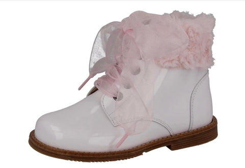 Andanines white patent boot pink faux fur